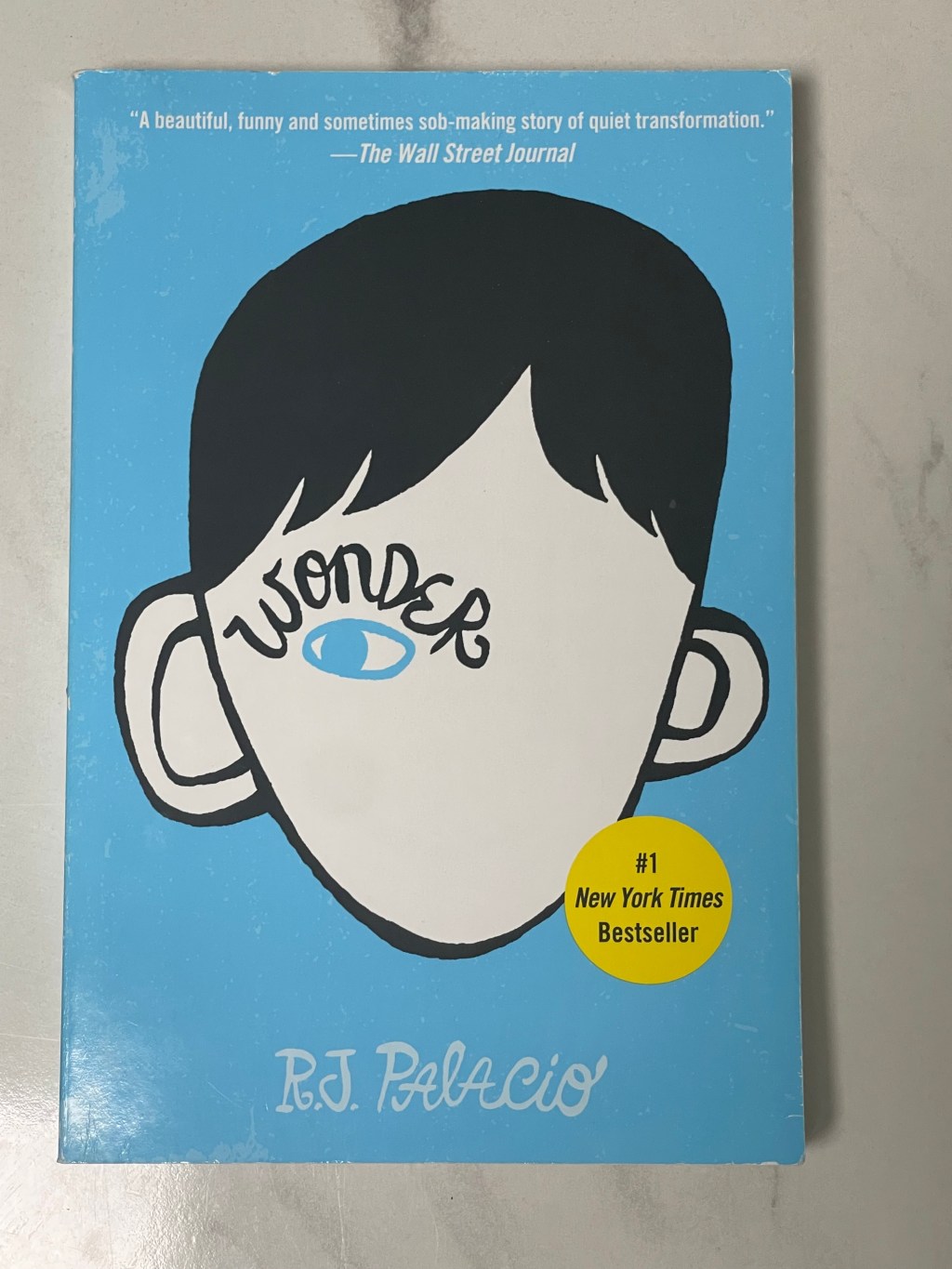 Front cover of the book Wonder by R.J. Palacio, featuring an illustrated outline of a face with a single eye containing the word "Wonder" on a blue background.